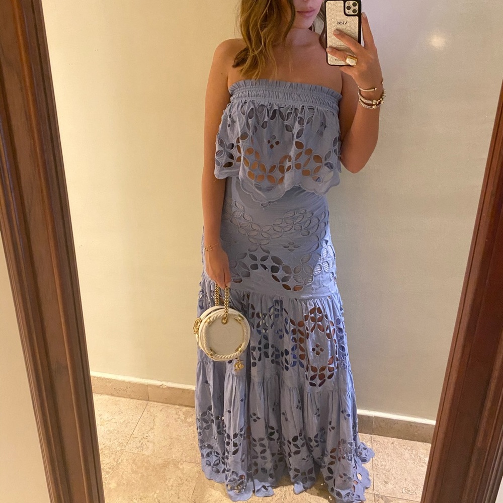 3 piece free people blue set: comes with shorts, skirt and crop top
